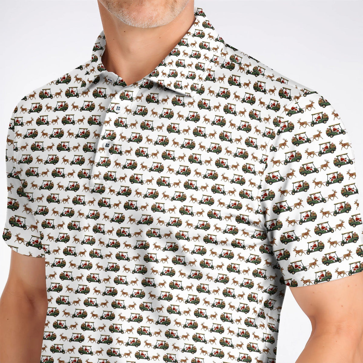 Santa Reindeer Golf Cart Polos, Xmas Pattern Golf Shirt, Crazy Christmas Golf Gift