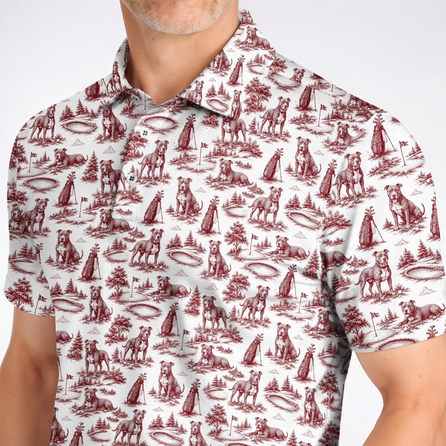 Crazy Pit Bull Golf Polos For Golfer, Toile de Jouy Pit Bull Pattern Golf Shirt, Dog Lover Golf Gift