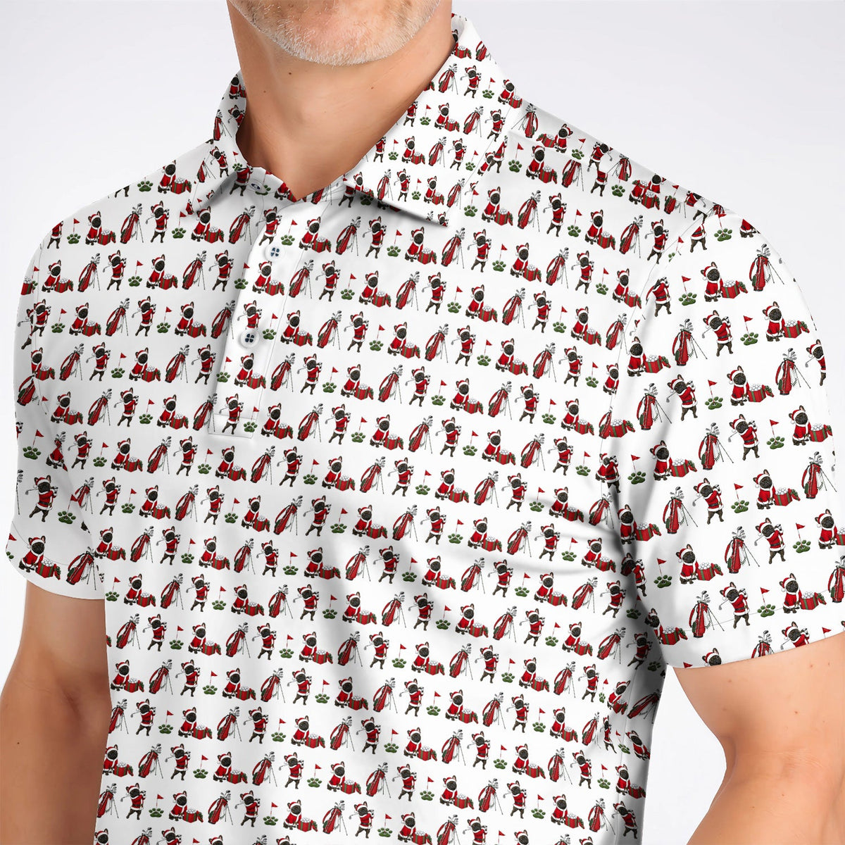Christmas French BullDog Pattern Golf Polos, Funny Santa French BullDog Holiday Golf Shirt, Xmas Golf Gift For Golfers