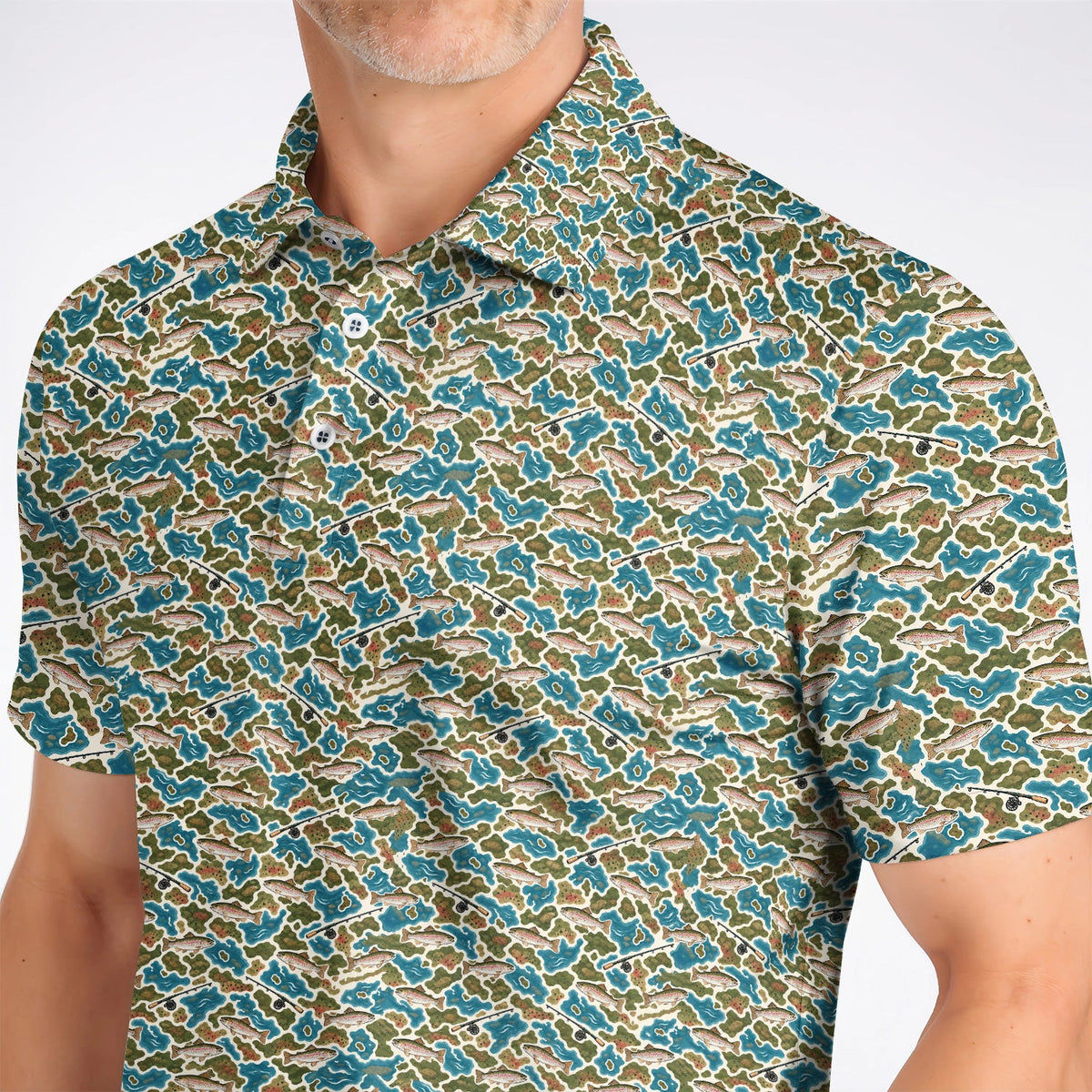 Rainbow Trout Fly Fishing Golf Shirt, Crazy Camo Fish Pattern Golf Polos, Outdoor Golf Apparel Gift for Trout Fishing Lovers