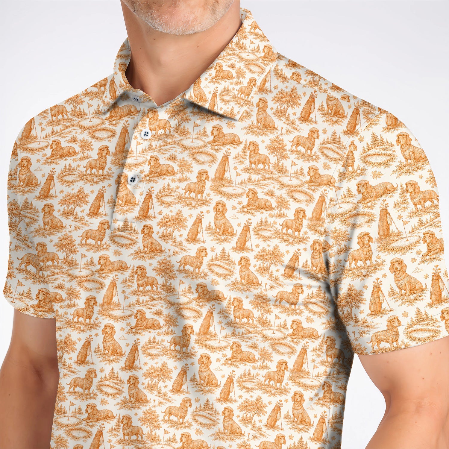 Dachshund Toile de Jouy Golf Polos, Autumn Wiener Dog Pattern Golf Shirt, Crazy Golf Gift For Golfer