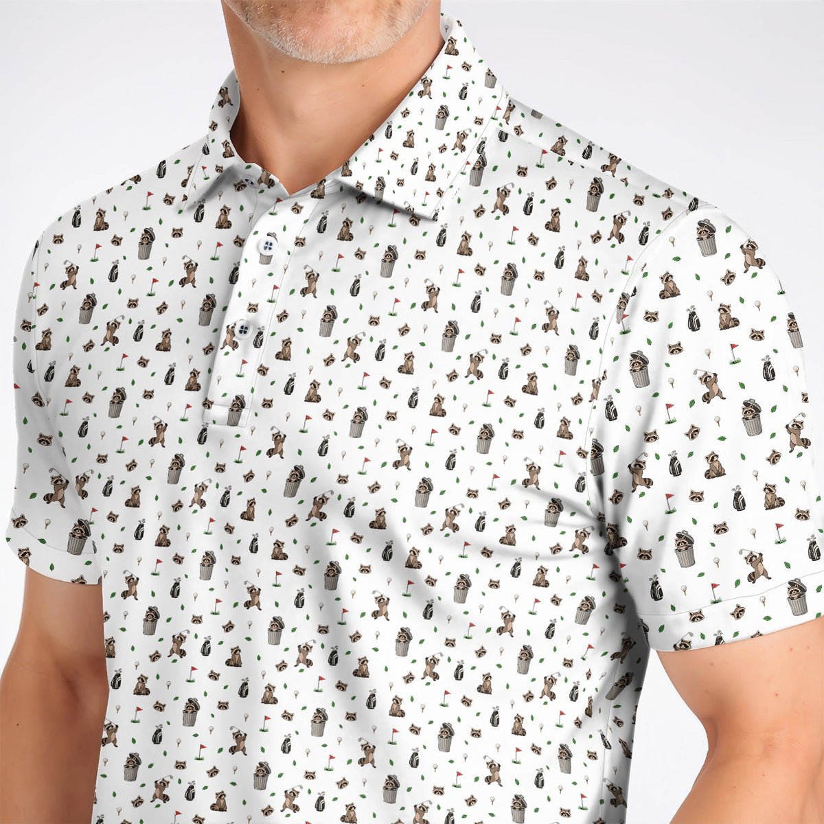Raccoon Golf Polos, Playful Raccoon Golf Pattern Shirt, Funny Animal Golf Gift for Golfer