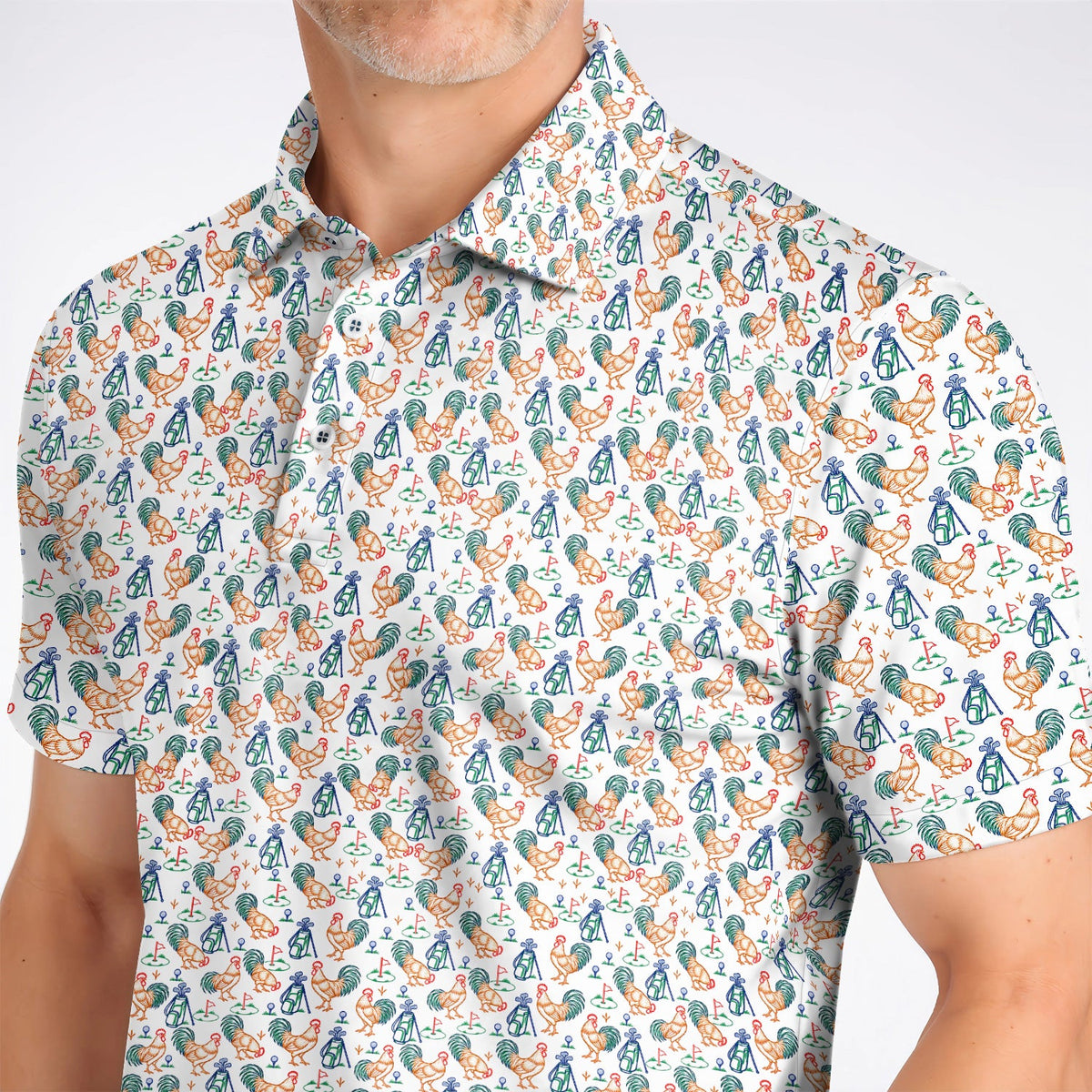 Colorful Rooster Golf Polos, Rooster Pattern Golf Shirt For Chicken Lovers, Funny Golf Gift for Golfers