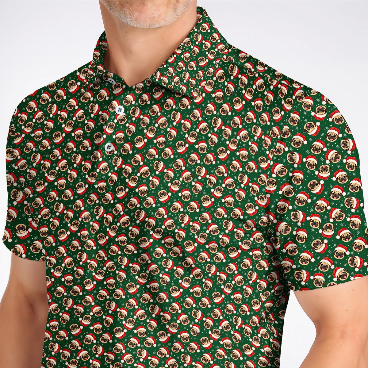 Funny Christmas Pug Golf Polos, Pug Pattern Golf Shirt For Dog Lovers, Xmas Golf Gift For Golfers