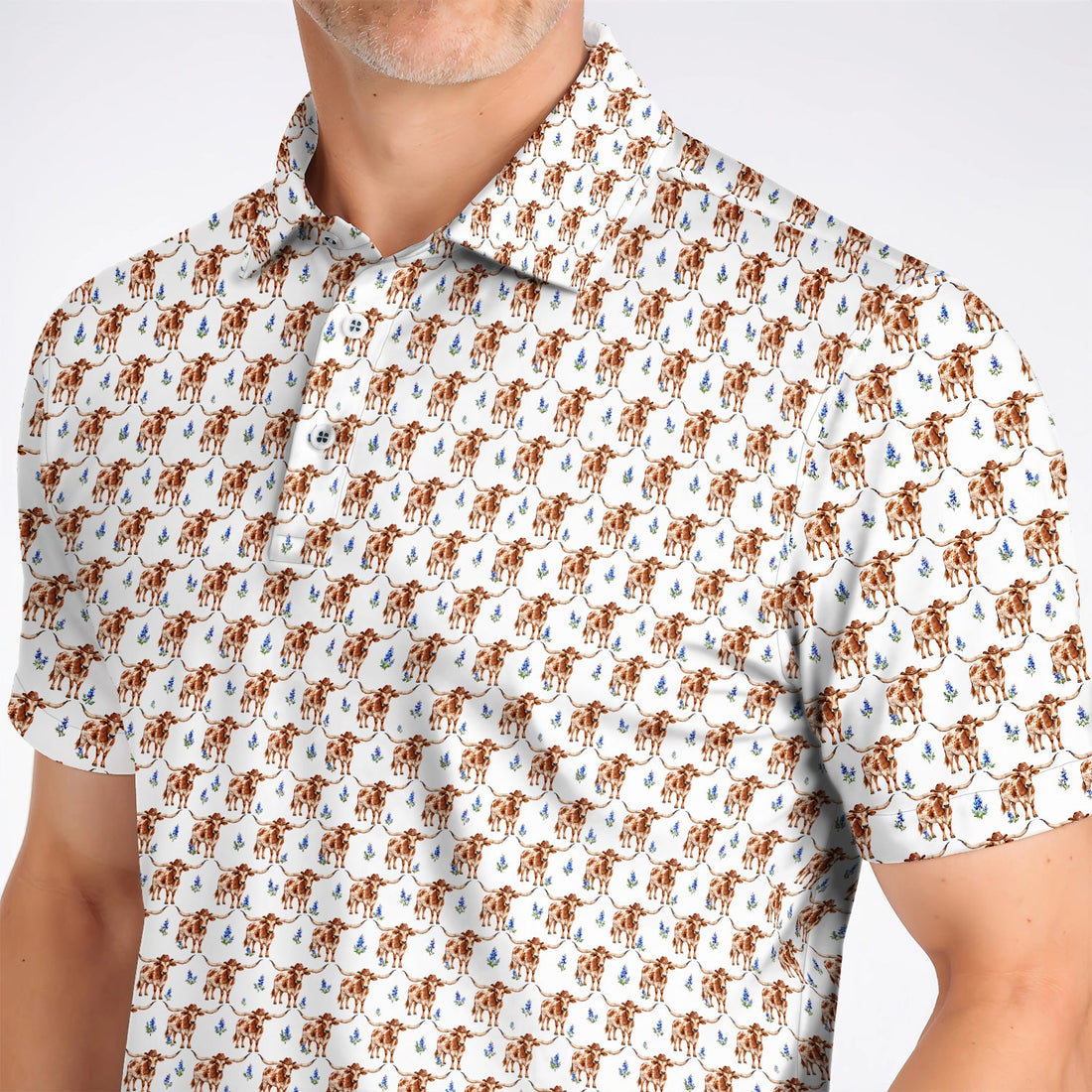 Crazy Texas Golf Shirt, Western Cowboy Longhorn Patatern Golf Polos, Texas Bluebonnet Golf Gift For Golfers