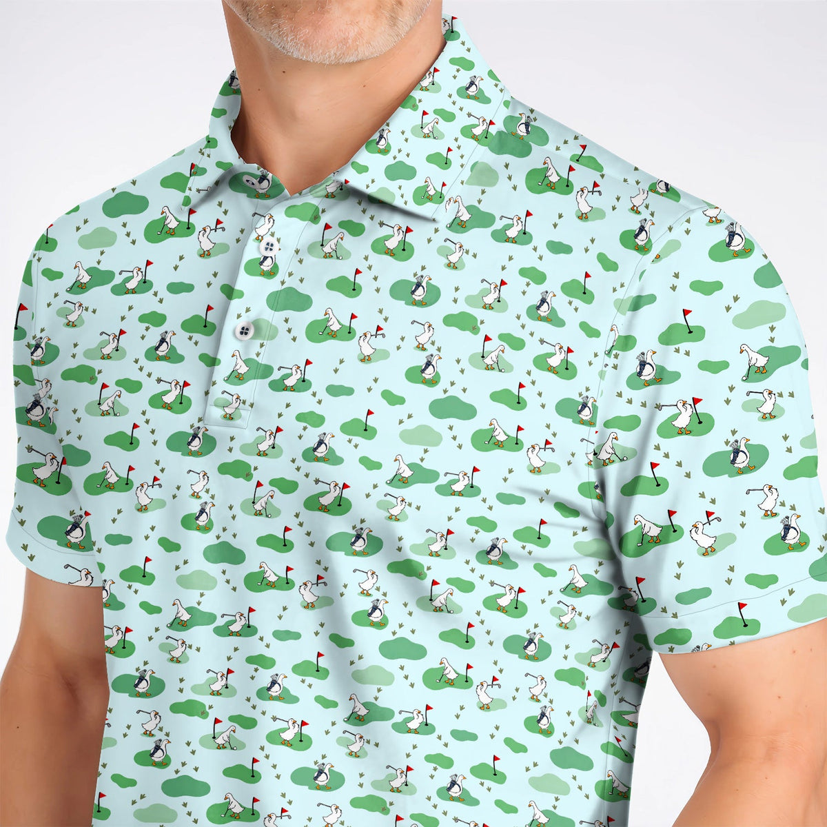 Funny Goose Golf Polos, Playful Golfing Goose Pattern Golf Shirt, Golf Gift For Golfers