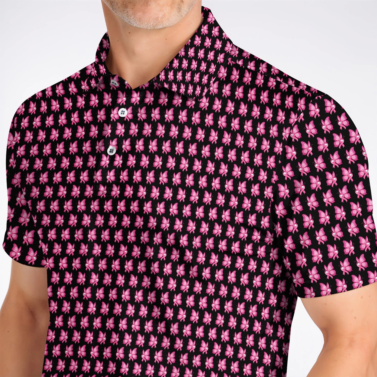Breast Cancer Awareness Golf Polos, Pink Ribbon Butterfly Golf Shirt for Golf Lovers, Support Cancer Awareness Golf Gift