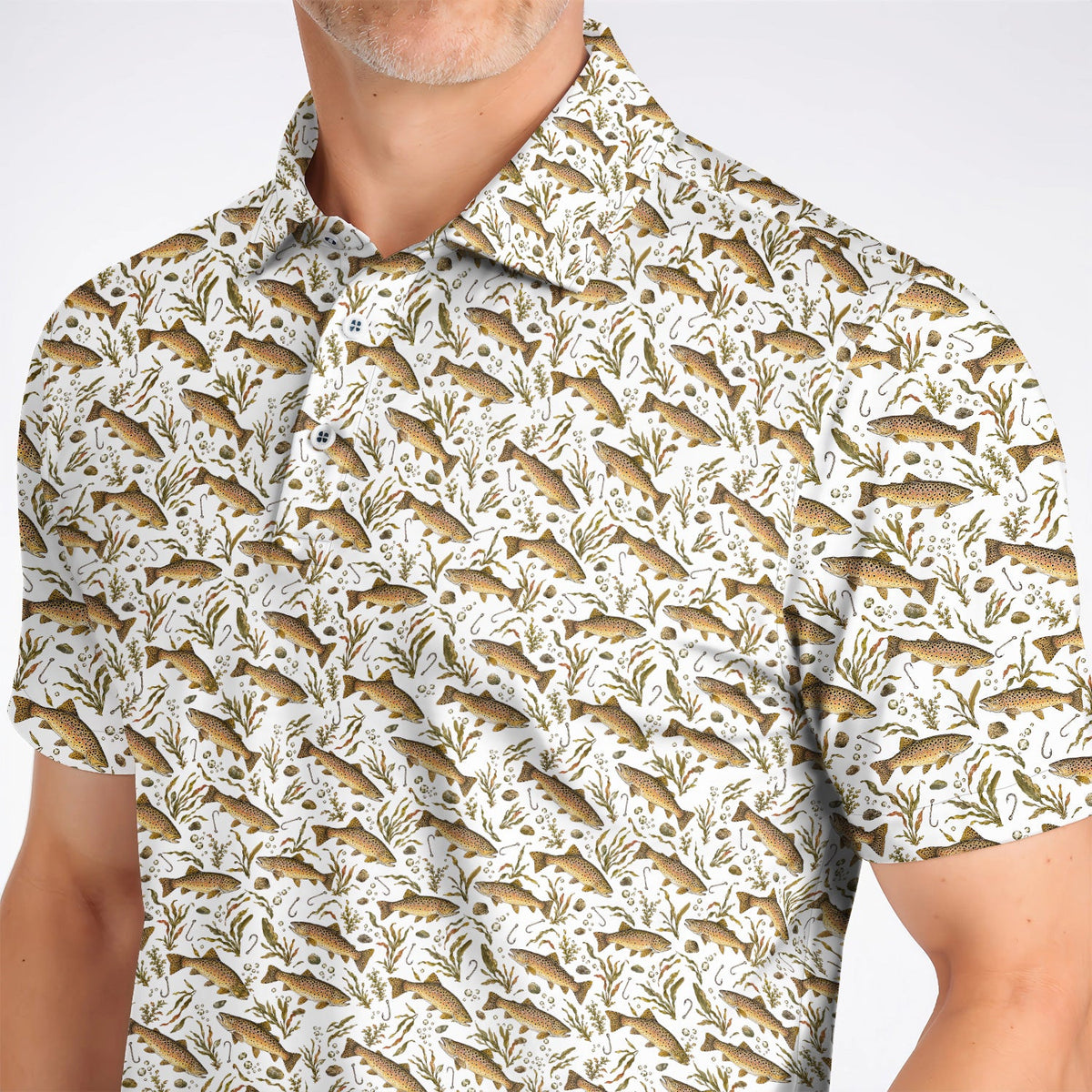 Funny Brown Trout Fishing Golf Polos, Vintage Trout & Fly Fishing Pattern Golf Shirt, Golf Gift For Golfer