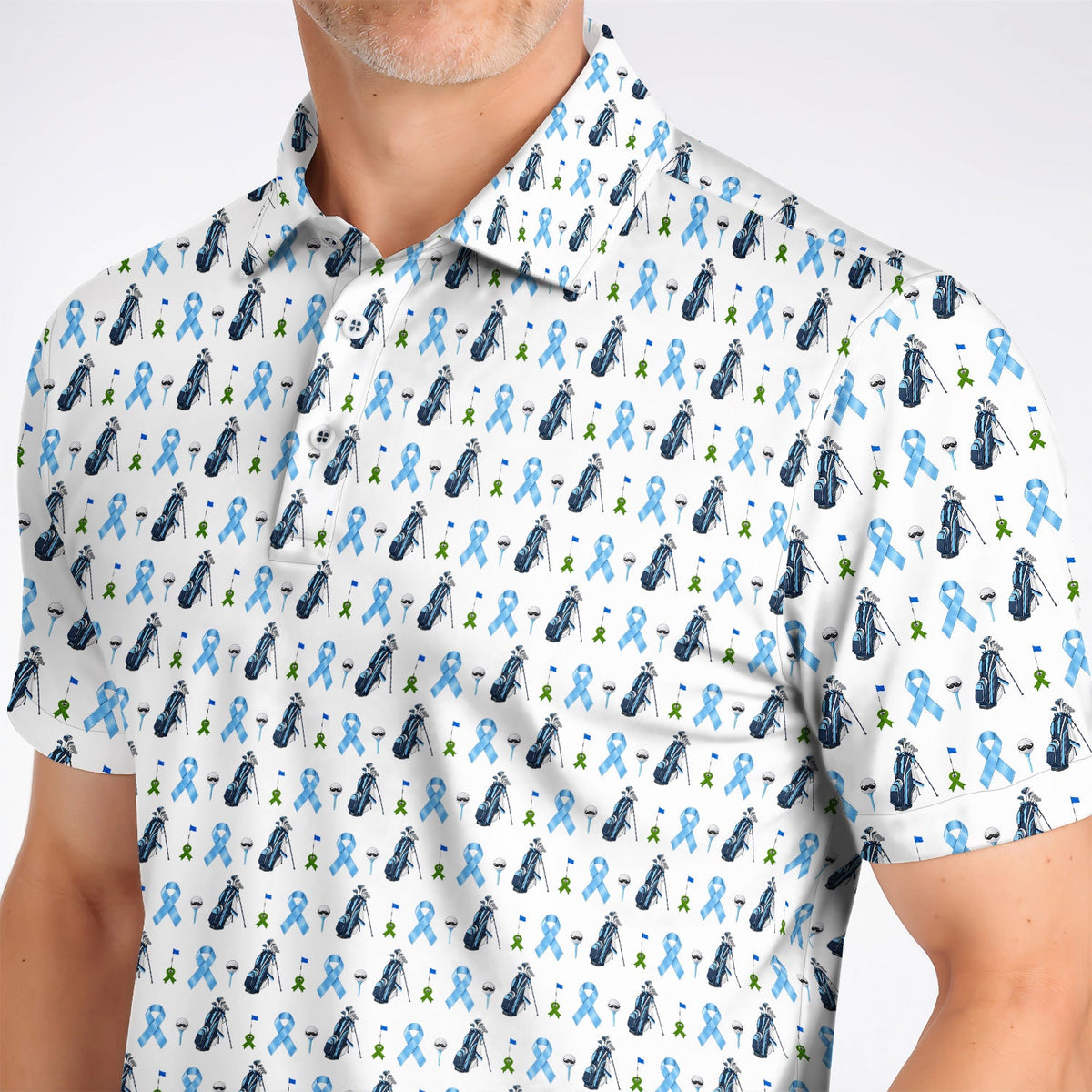 Prostate Cancer Awareness Golf Polos, Blue Ribbon Golf Pattern Shirt, Prostate Cancer Support Gift for Golfers