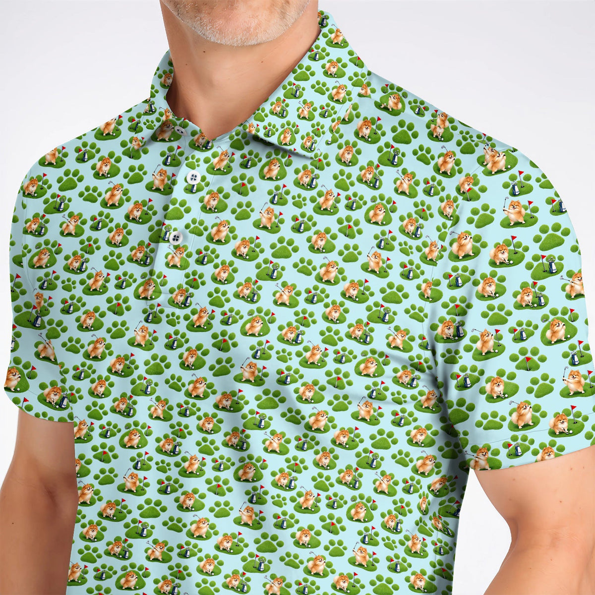 Pomeranian Paw Pattern Golf Polos, Cute Fluffy Pom Dog Pattern Golf Shirt, Crazy Golf Gift For Golfers