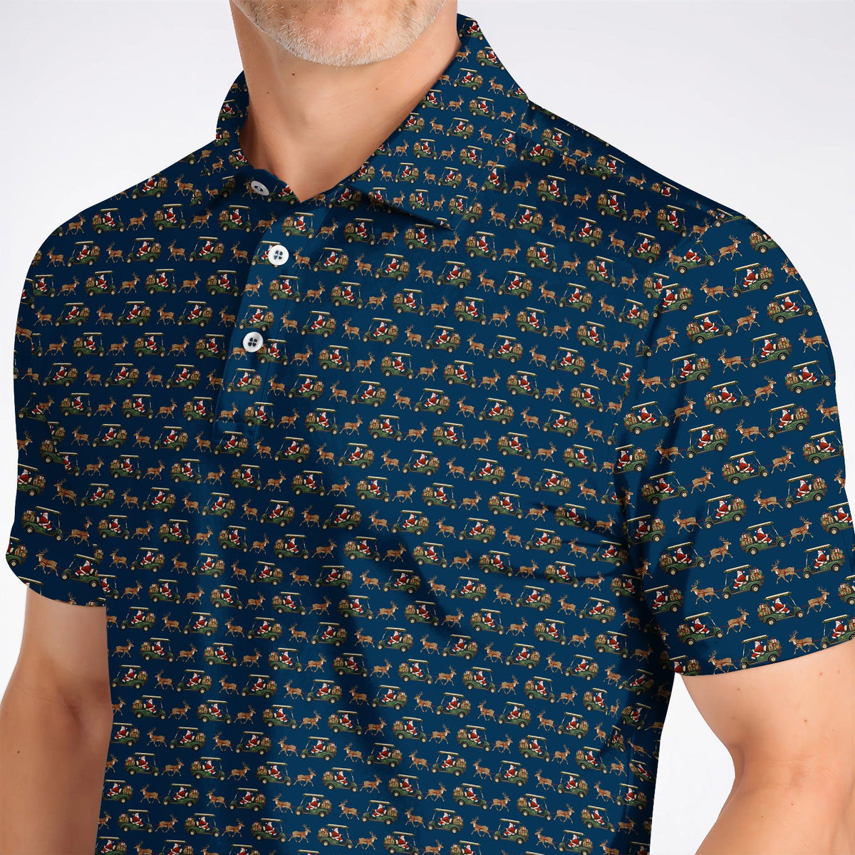 Santa Reindeer Golf Cart Polos, Xmas Pattern Golf Shirt, Crazy Christmas Golf Gift