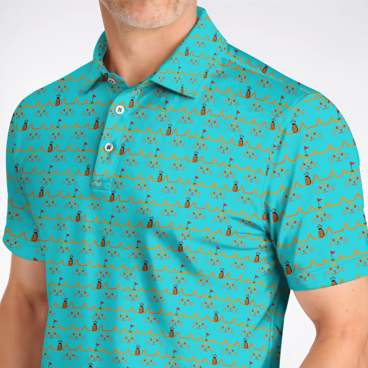Cat Lover Golf Shirt, Turquoise Cat Face & Golf Bag Pattern Golf Polos, Funny Kitty Golf Gift for Golfers
