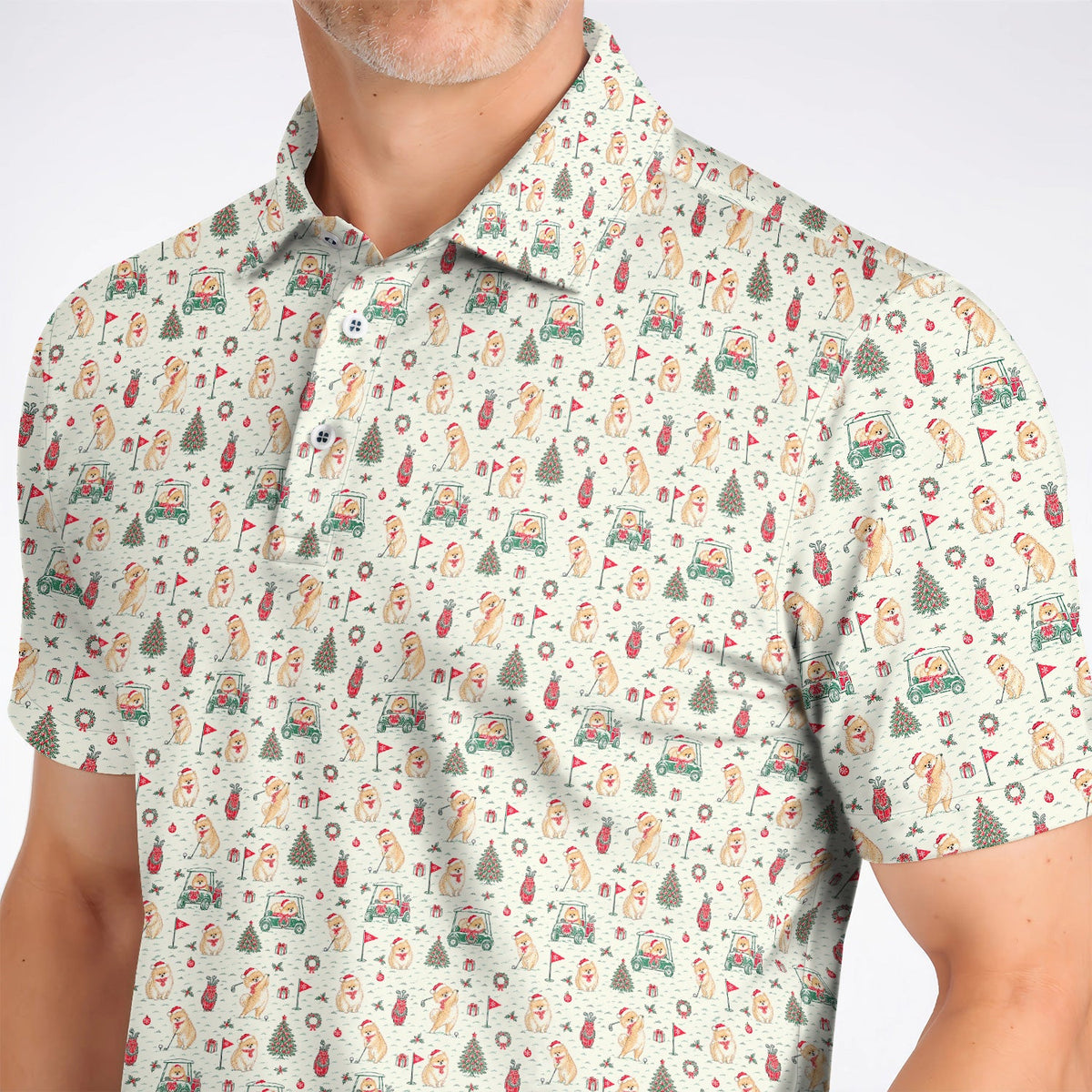 Funny Xmas Pomeranian Golf Shirt, Pom Dog & Holiday Golf Cart Pattern Polos, Christmas Golf Gift For Dog Lovers
