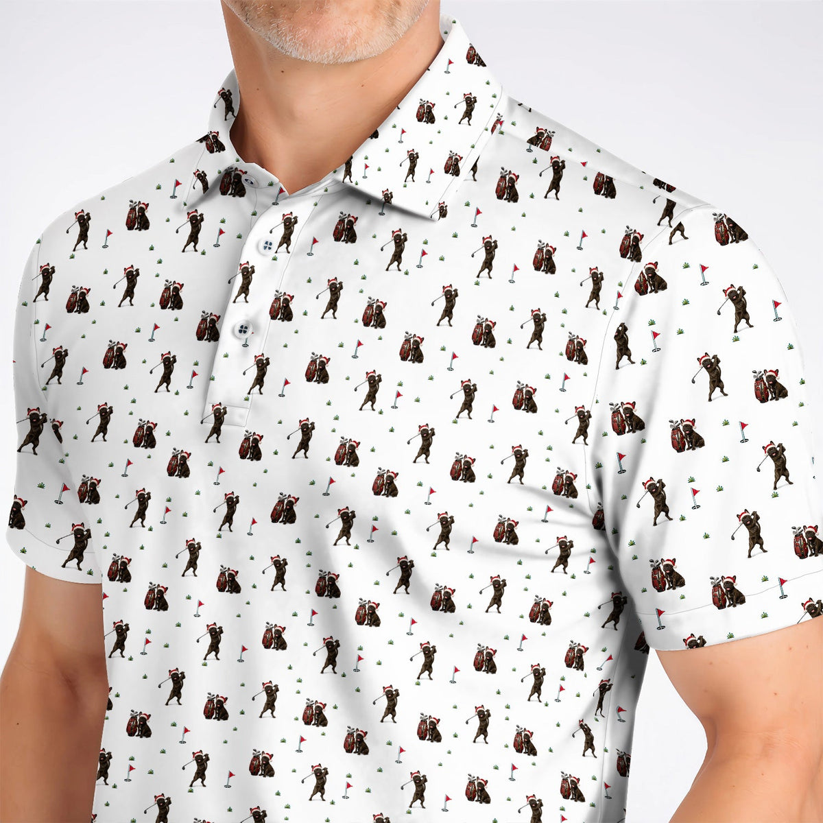 Christmas French BullDog Golfer Polos, Xmas French BullDog Golf Pattern Shirt, Holiday Golf Gift for Golfers