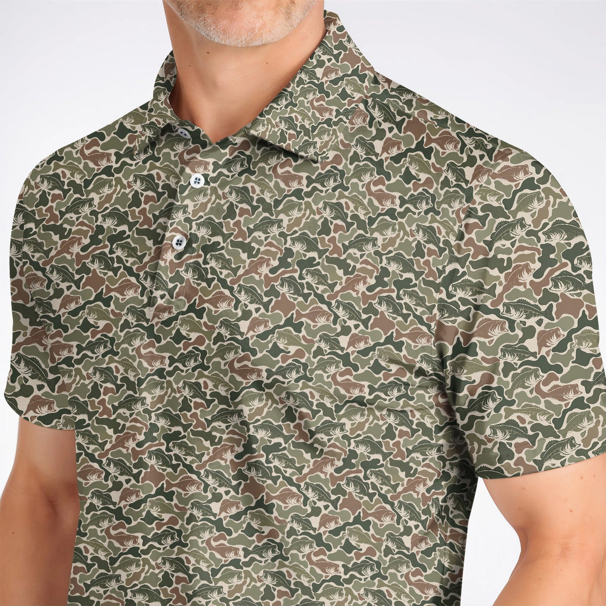 Bass Fishing Camo Pattern Golf Polos, Largemouth Bass Camouflage Golf Shirt, Golf Gift For Golfers