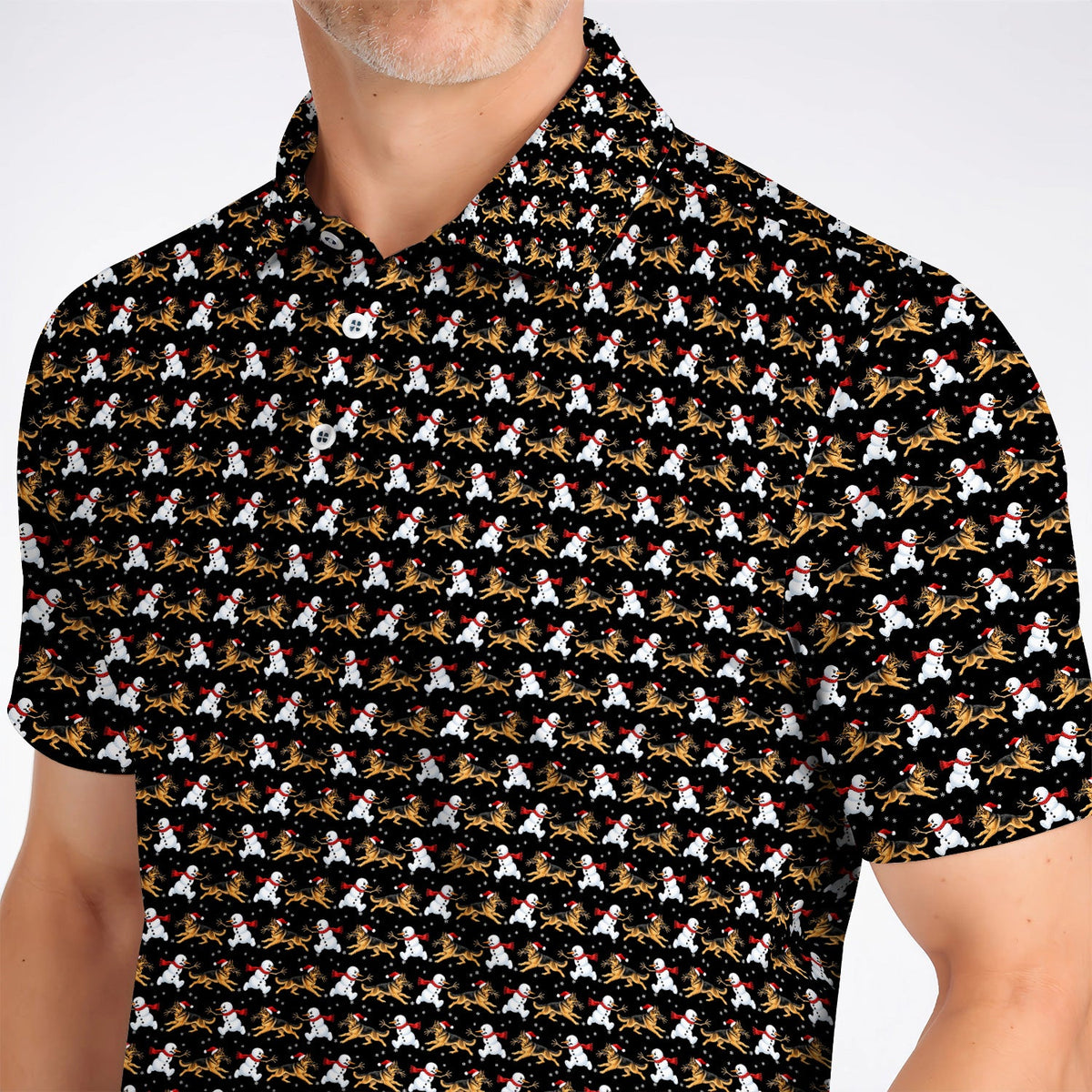 German Shepherd Christmas Golf Polos, Funny Snowman & Santa Dog Pattern Golf Shirt, Xmas Golf Gift For Golfers
