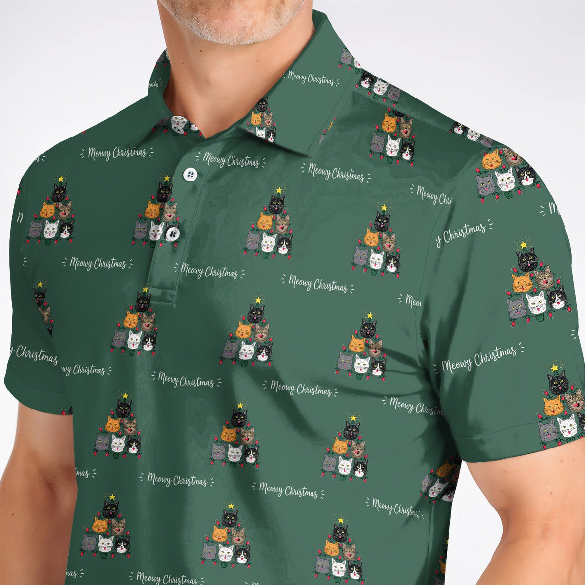 Meowy Christmas Cat Golf Polos, Festive Cat Christmas Pattern Golf Shirt, Xmas Golf Gift For Cat Lovers