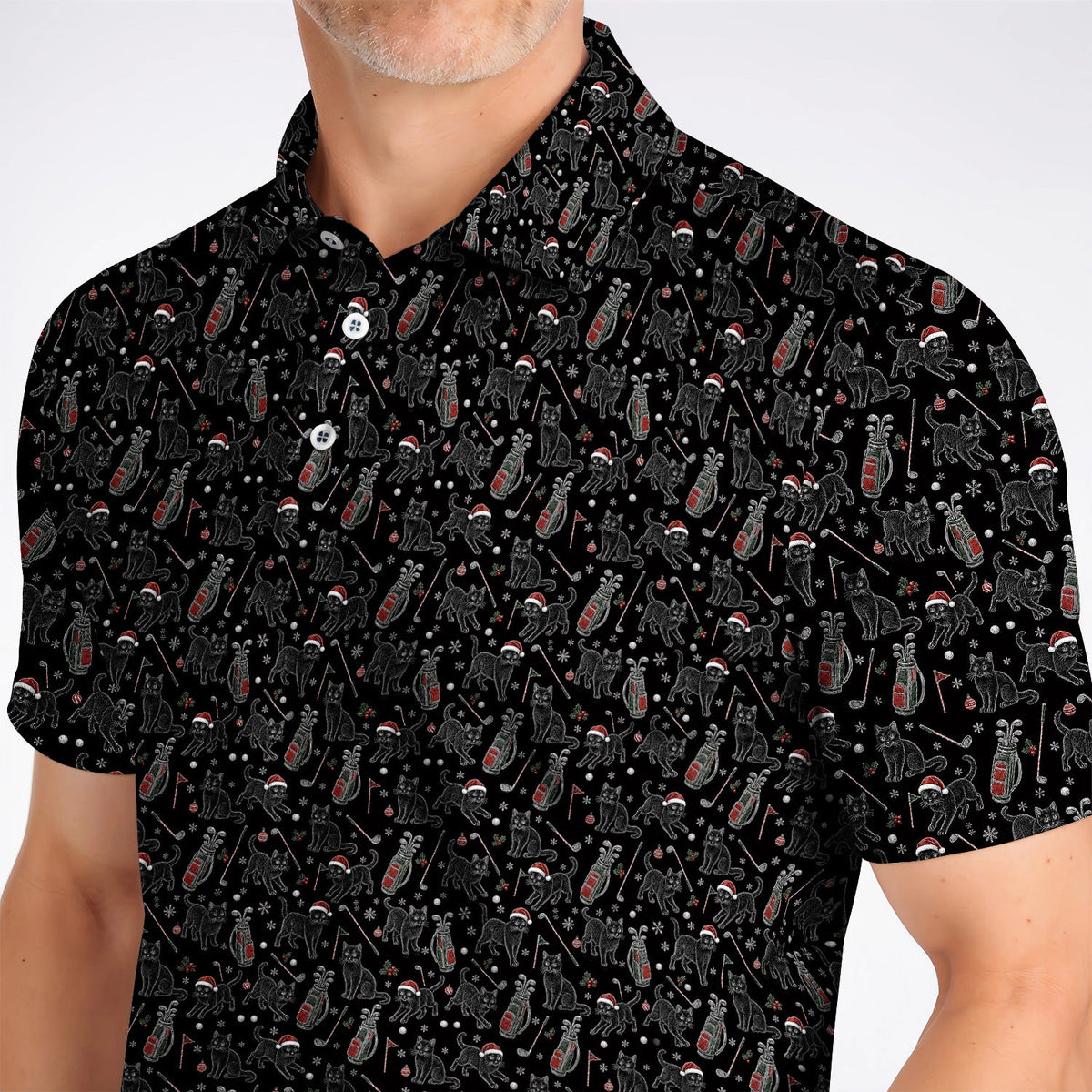 Funny Black Cat Christmas Golf Polos, Holiday Pattern Golf Shirt, Xmas Golf Gift For Golfers