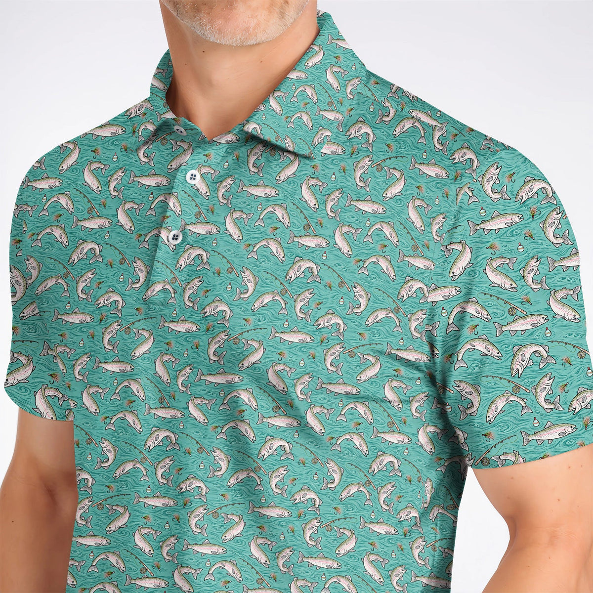 Crazy Rainbow Trout Pattern Golf Shirt, Water Swirl Fish Golf Polos, Golf Gift For Trout Fishing Lovers