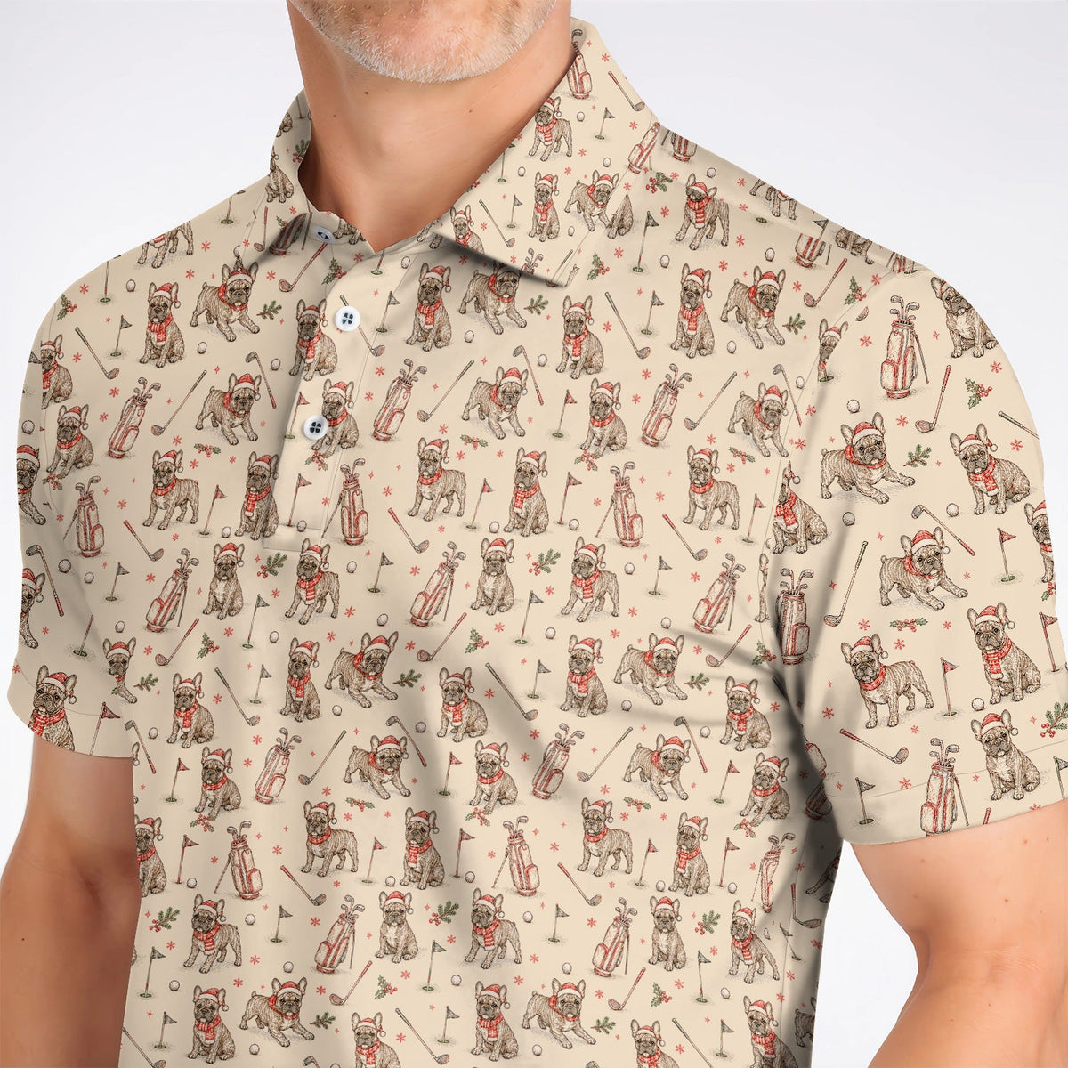 French Bulldog Christmas Golf Polos, Vintage Holiday Dog Pattern Golf Shirt, Xmas Golf Gift for Golfers