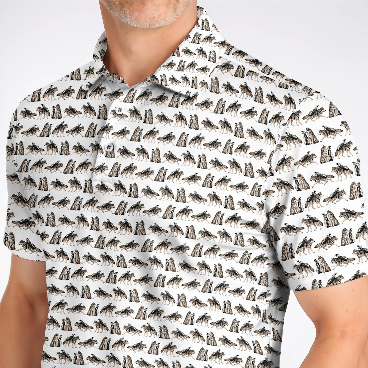 Wolf Golf Pattern Polos, Wild Wolf Golfing Shirt, Unique Wolf Golf Gift for Golfers