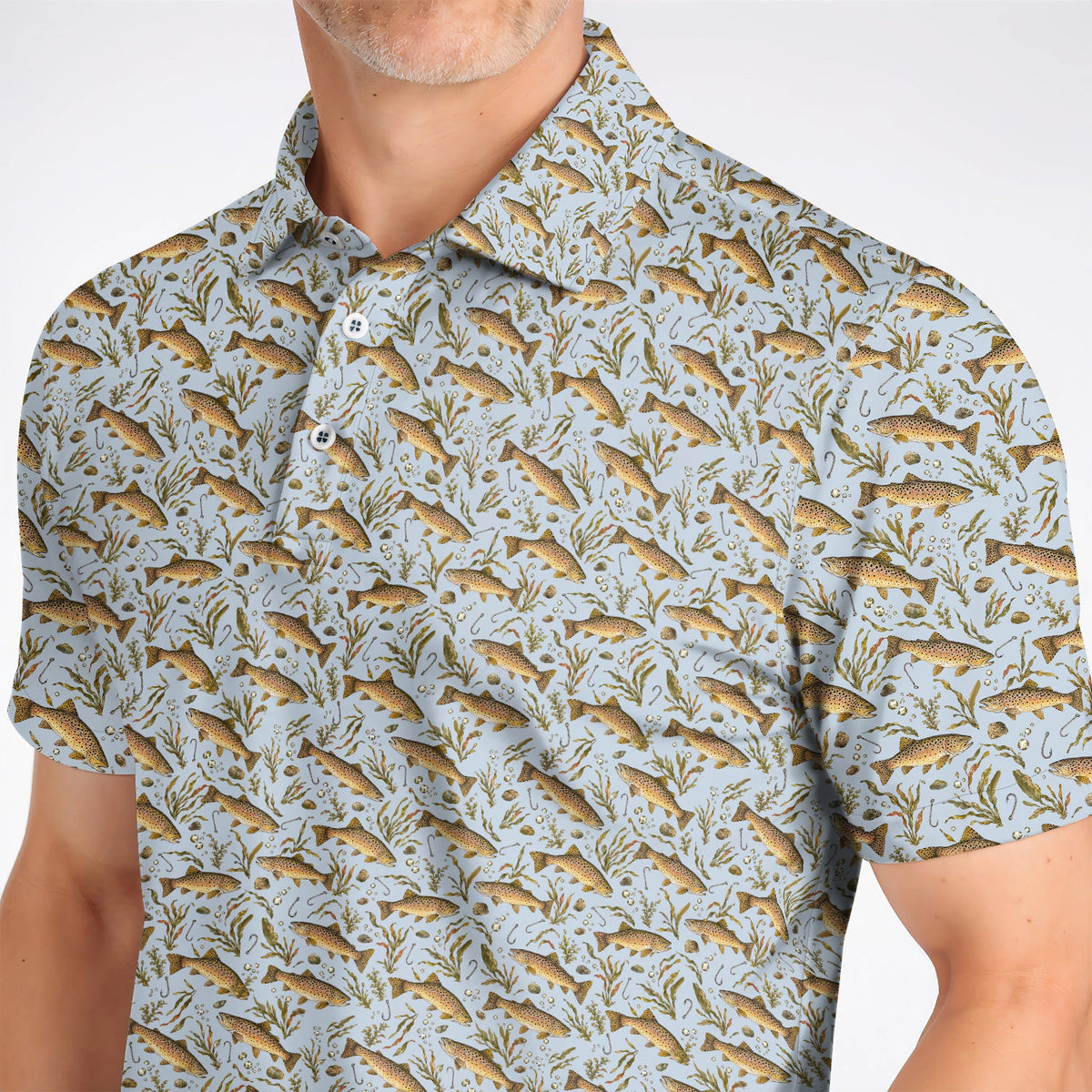 Funny Brown Trout Fishing Golf Polos, Vintage Trout & Fly Fishing Pattern Golf Shirt, Golf Gift For Golfer