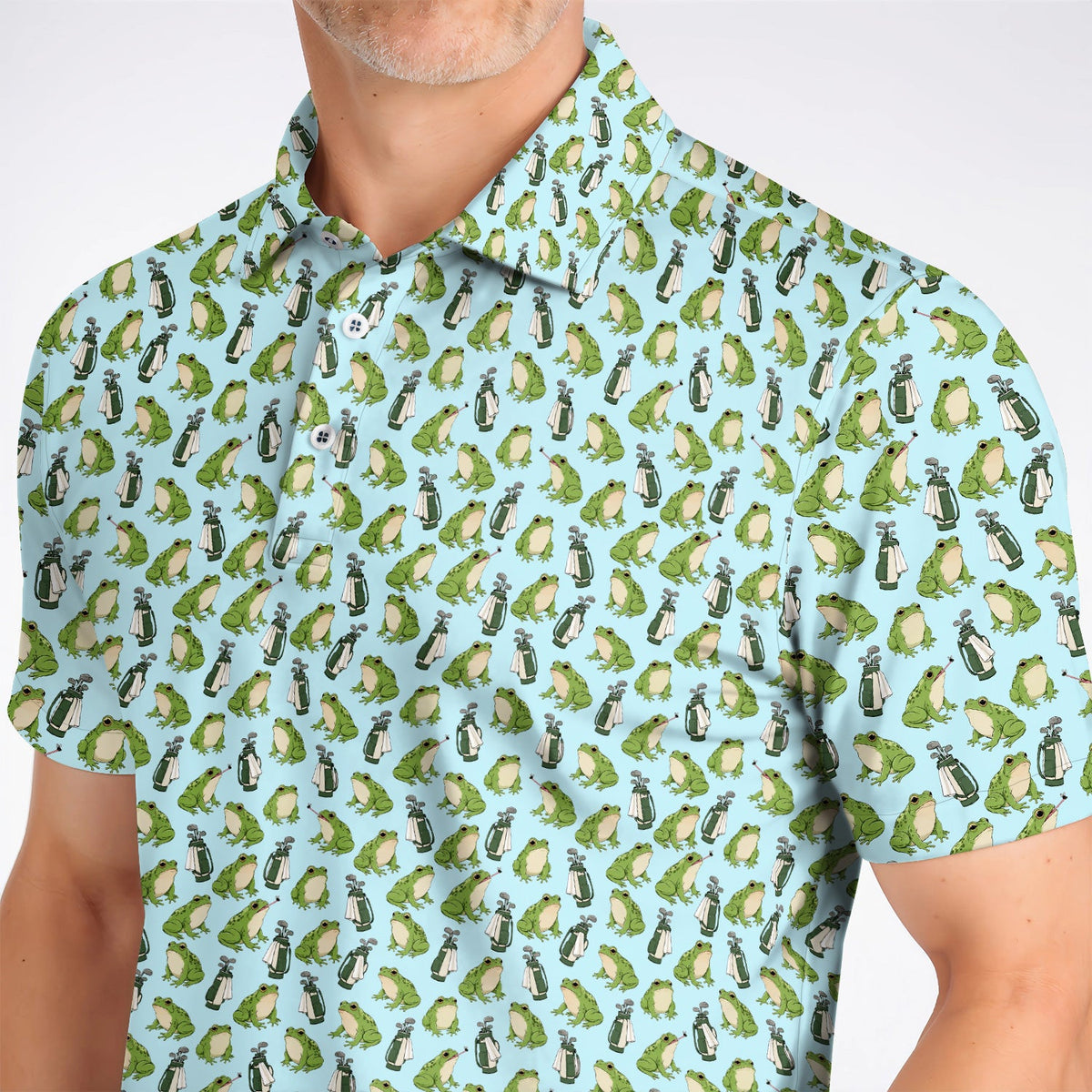 Cute Frog Golf Polos, Playful Frog & Golf Bag Pattern Shirt, Funny Golf Gift For Frog Lovers