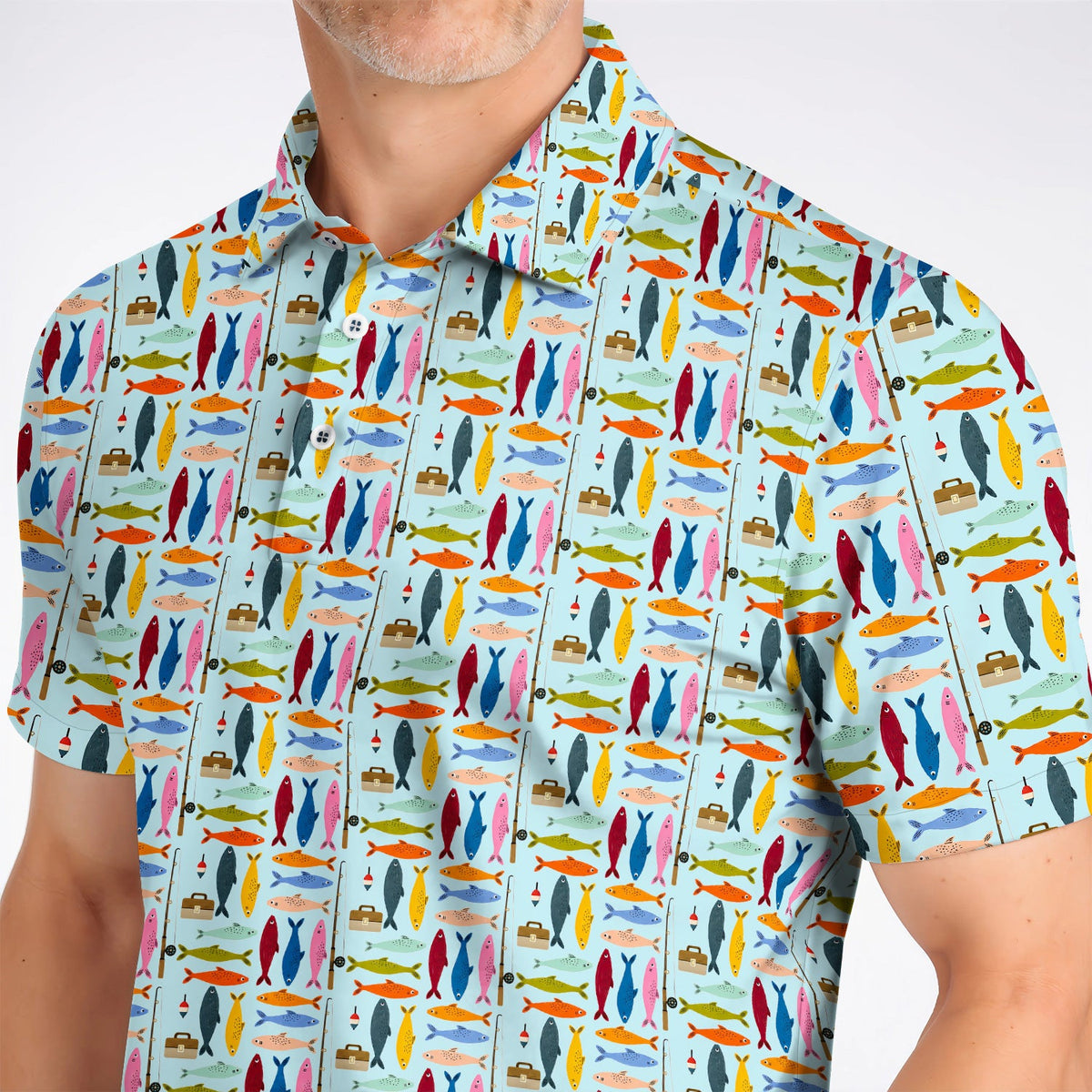 Colorful Fish Pattern Golf Polos, Fishing Rod Pattern Golf Polos, Crazy Golf Gift For Anglers and Fishermen