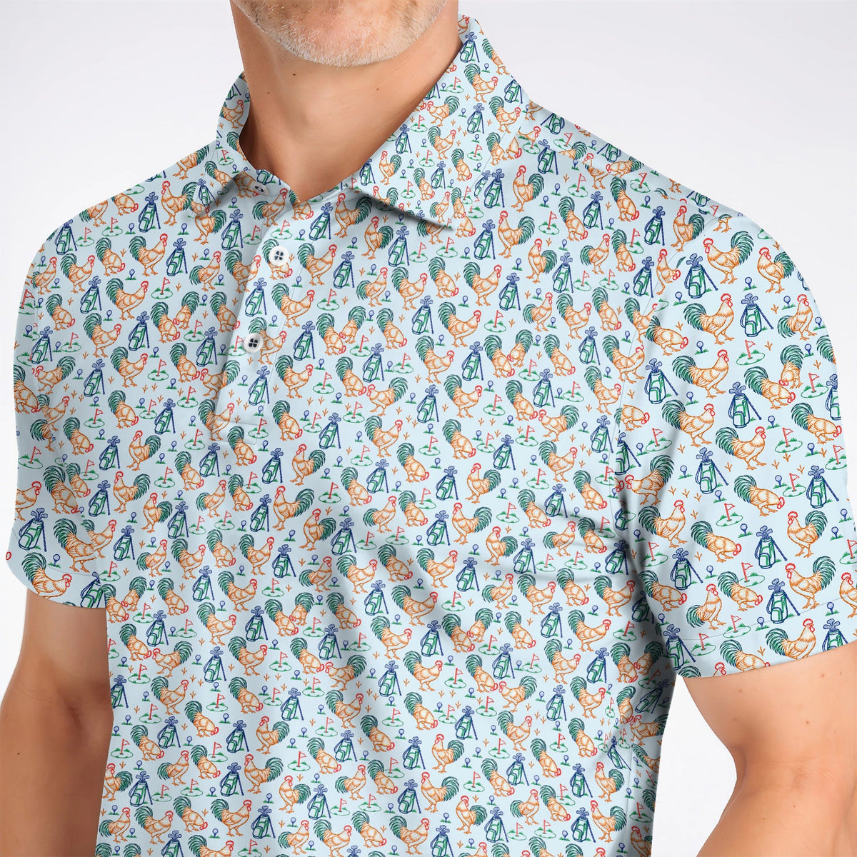 Colorful Rooster Golf Polos, Rooster Pattern Golf Shirt For Chicken Lovers, Funny Golf Gift for Golfers