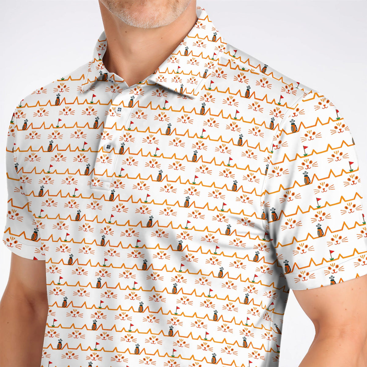 Cat Lover Golf Shirt, Turquoise Cat Face & Golf Bag Pattern Golf Polos, Funny Kitty Golf Gift for Golfers