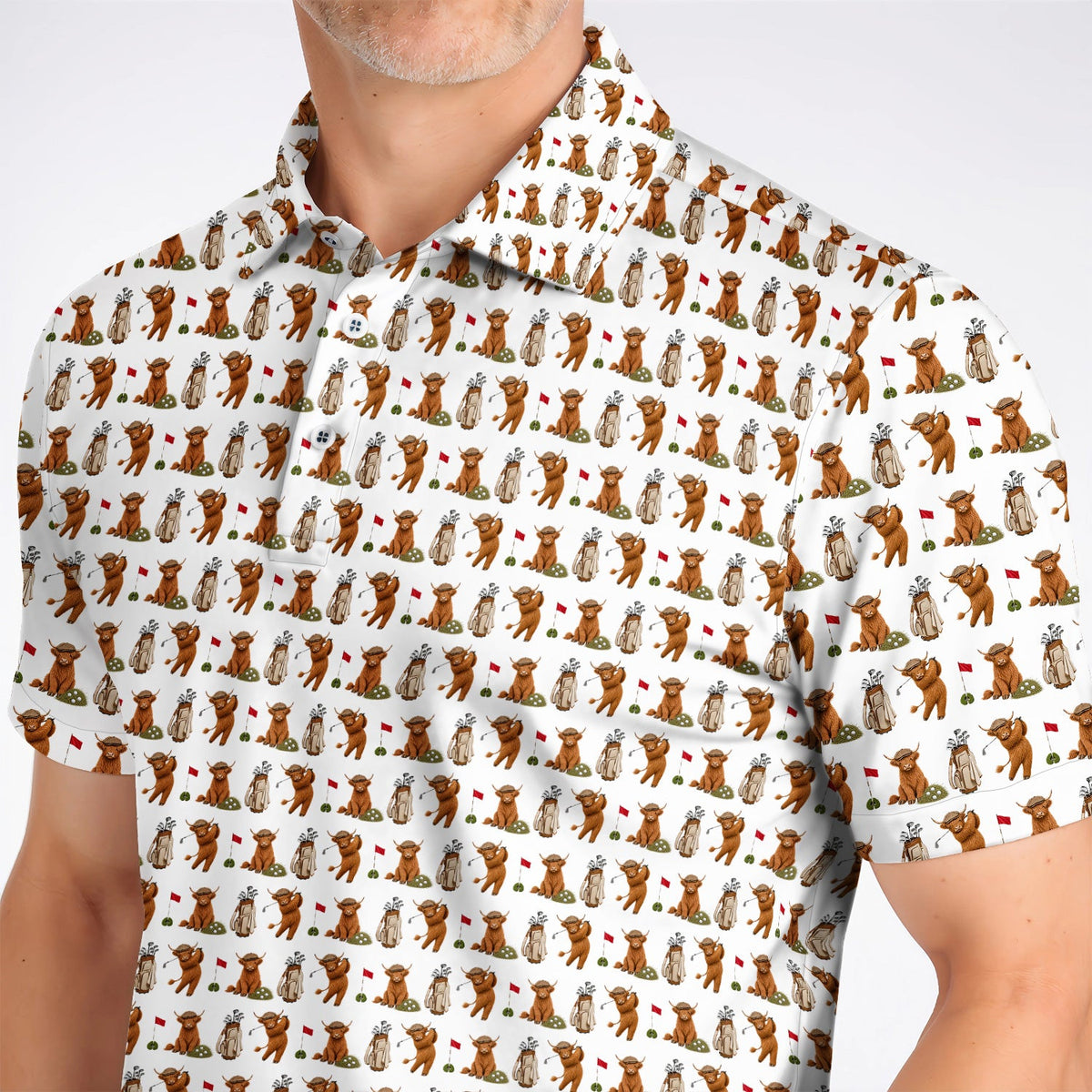 Funny Highland Cow Golf Polos, Highland Cow Pattern Golf Shirt, Golf Gift For Golfer