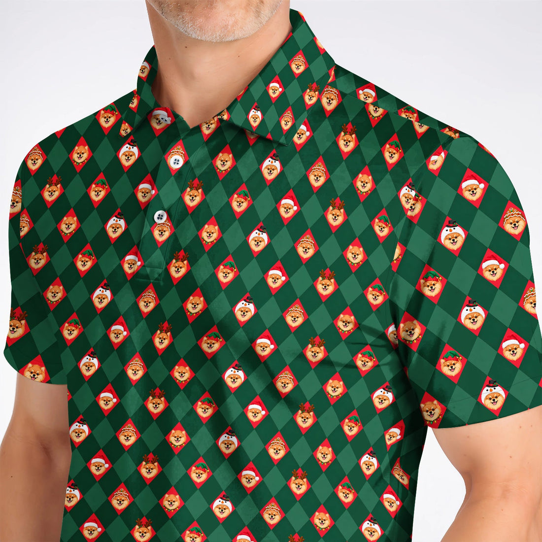 Christmas Pomeranian Golf Polos, Green Argyle & Santa Dog Pattern Golf Shirt, Xmas Golf Gift For Golfer