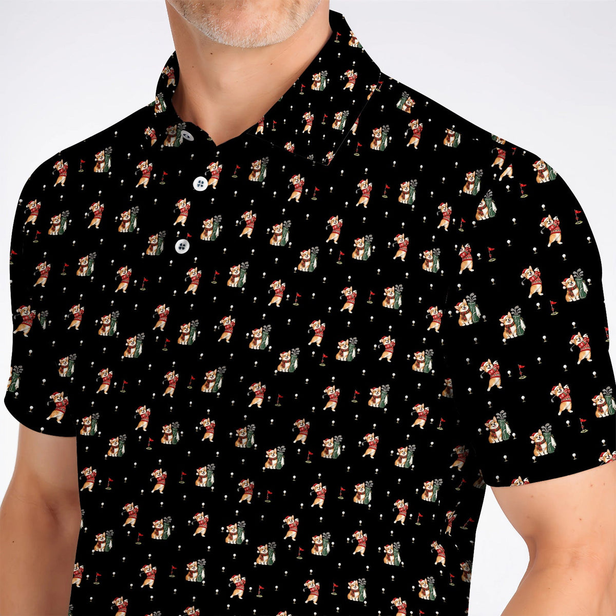 Crazy Corgi Christmas Golf Polos, Xmas Corgi Pattern Golf Shirt, Golf Gift For Golfers