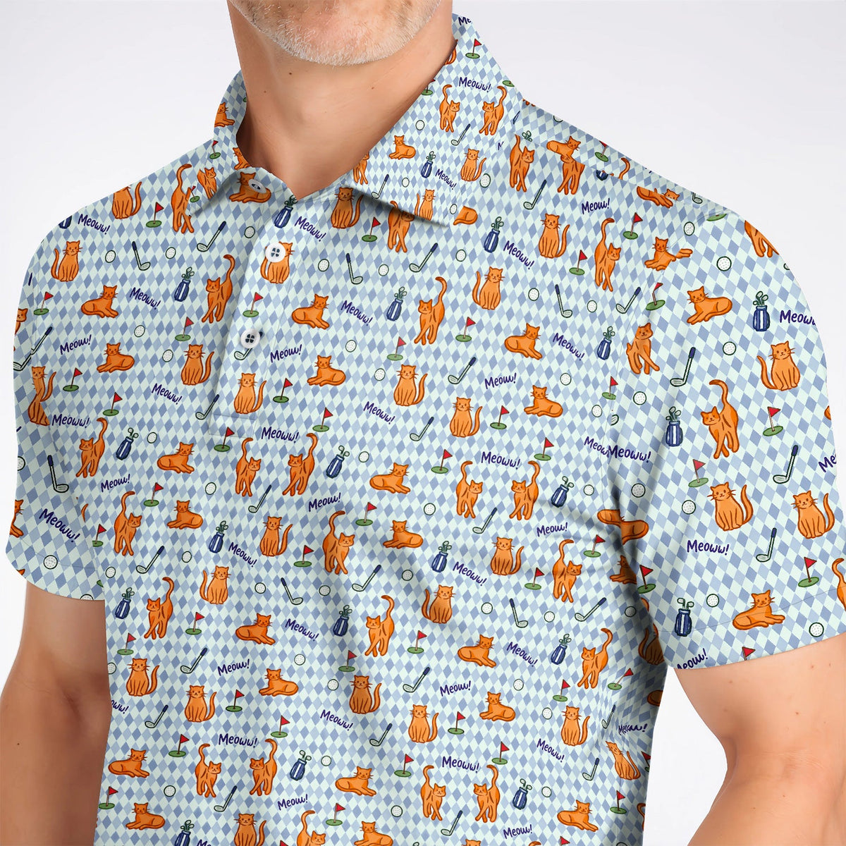 Cute Orange Cat Golf Shirt, Meow Cat And Golf Pattern Polos, Funny Cat Golf Gift For Golfer