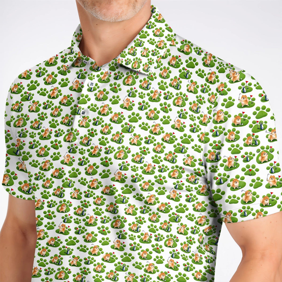 Pomeranian Paw Pattern Golf Polos, Cute Fluffy Pom Dog Pattern Golf Shirt, Crazy Golf Gift For Golfers