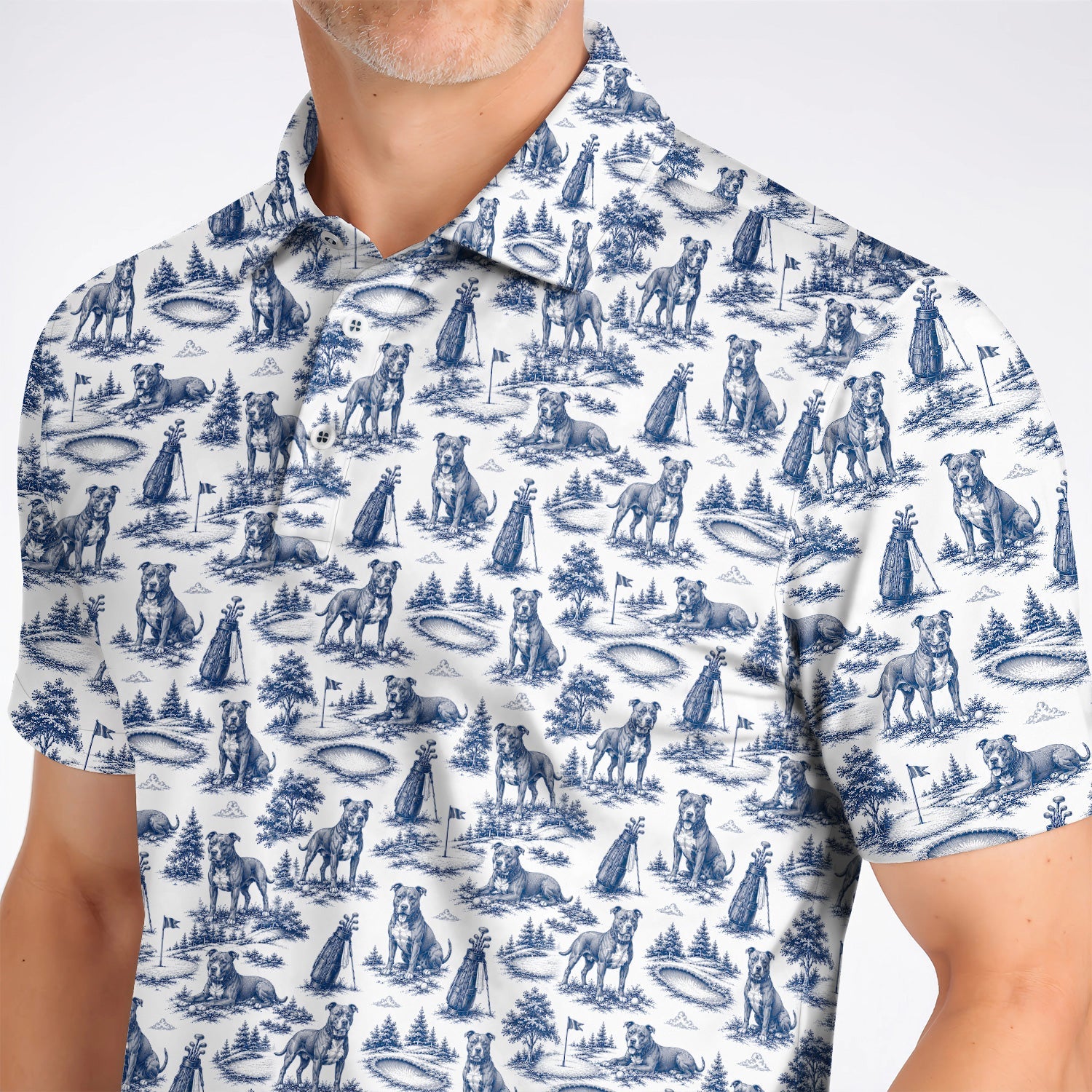 Crazy Pit Bull Golf Polos For Golfer, Toile de Jouy Pit Bull Pattern Golf Shirt, Dog Lover Golf Gift