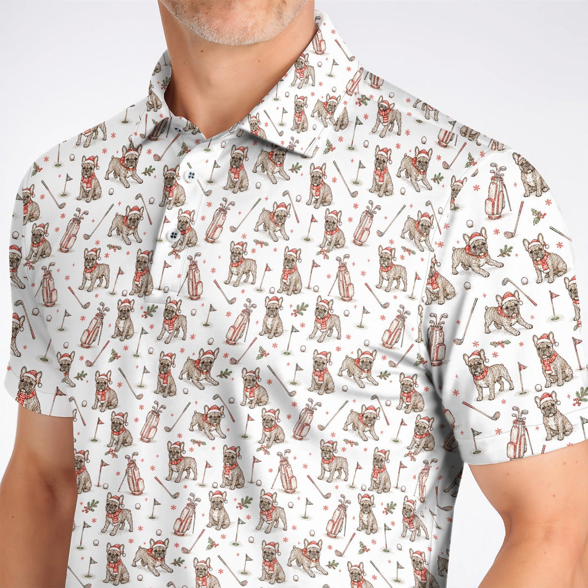 French Bulldog Christmas Golf Polos, Vintage Holiday Dog Pattern Golf Shirt, Xmas Golf Gift for Golfers