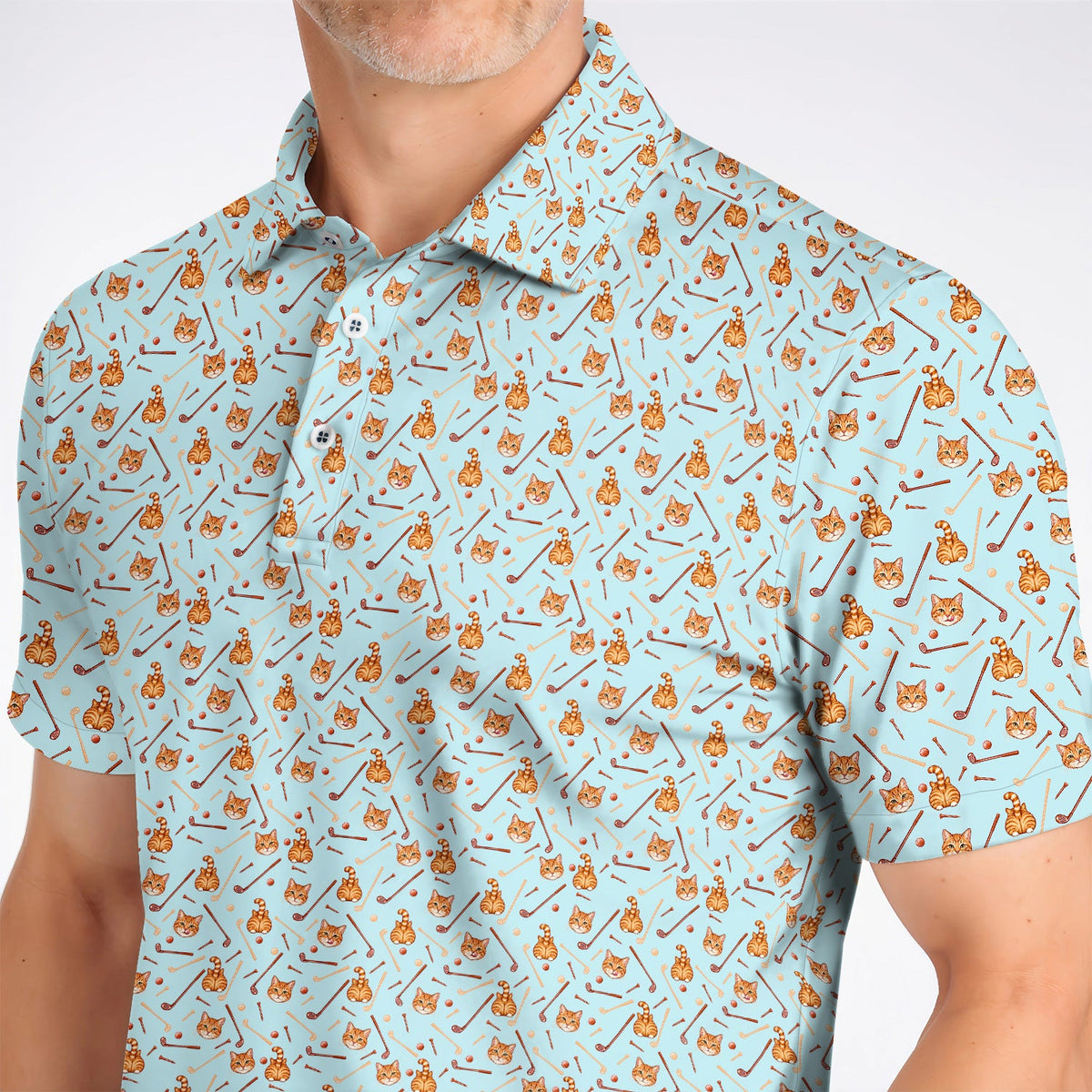 Orange Tabby Cat Golf Shirt, Funny Cat Butt & Golf Pattern Polos, Unique Golf Apparel Gift for Cat Lovers