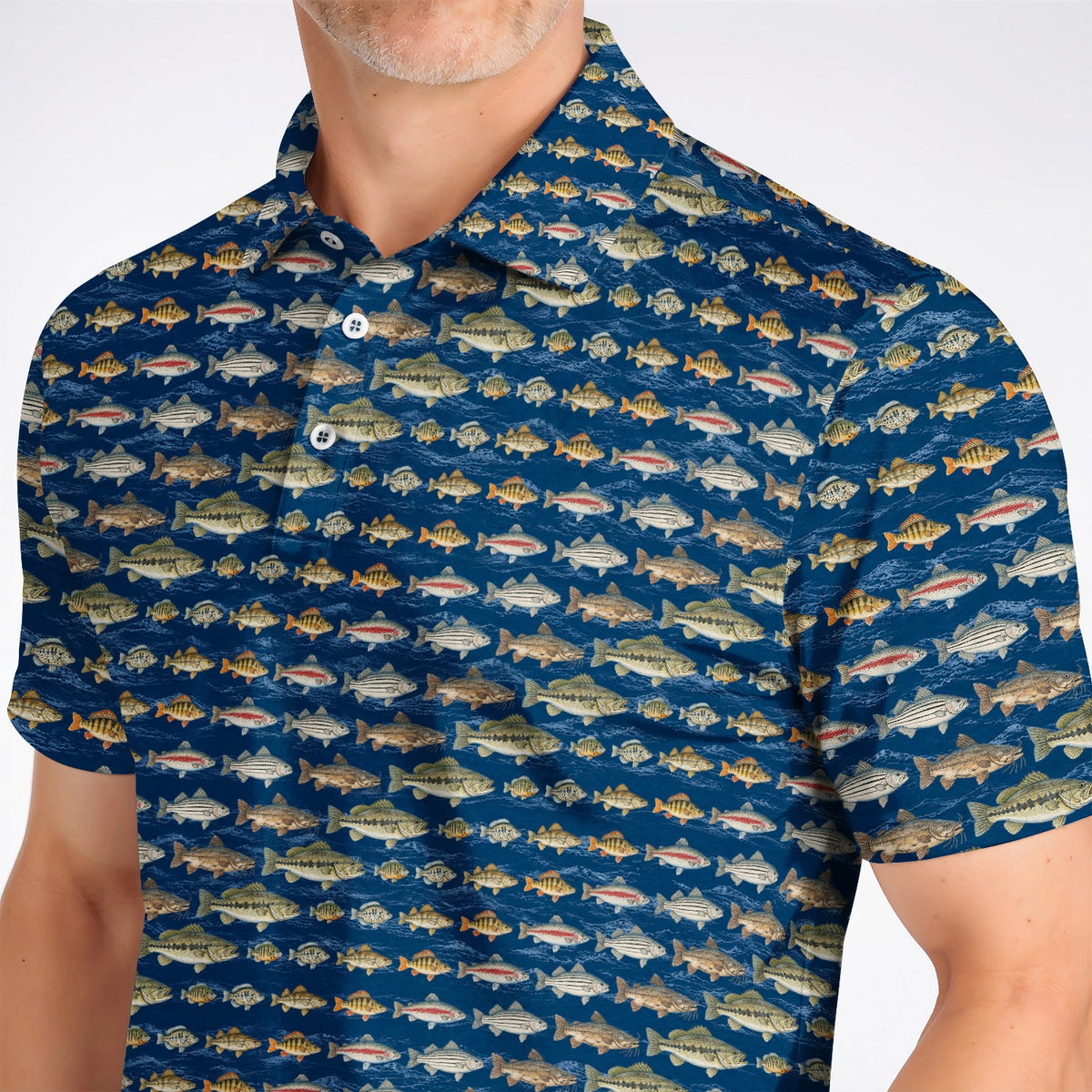 Freshwater Fishing Pattern Golf Shirt, Bass Trout Catfish & Perch Golf Polos, Fishing Gift For Golfer