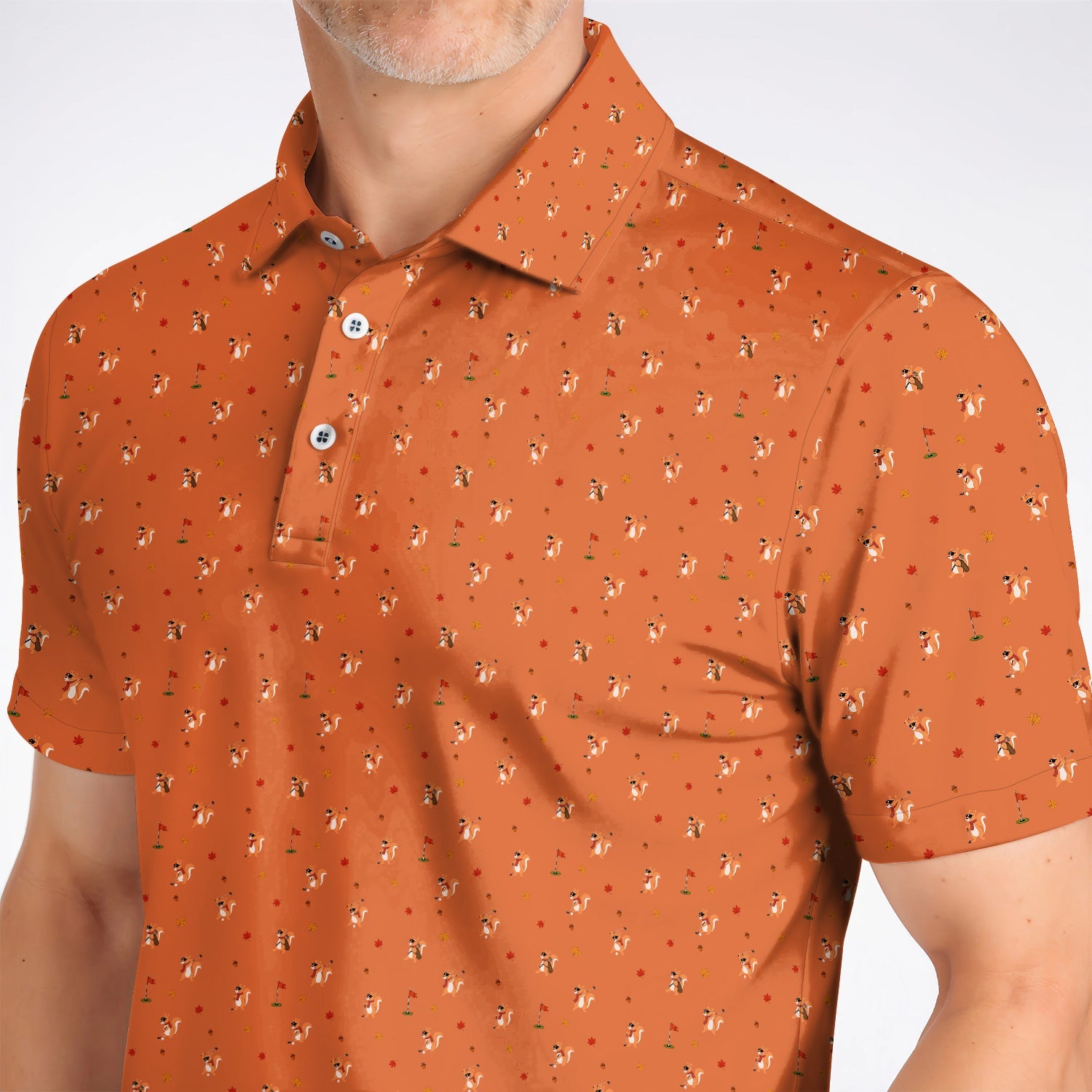 Fall Pattern Golf Polos, Autumn Squirrel Golf Shirt, Crazy Golf Gift For Golfer