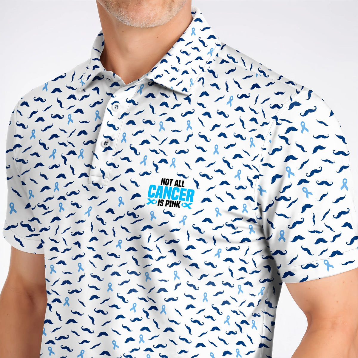 Prostate Cancer Awareness Golf Shirt, Blue Ribbon Mustache Pattern Golf Polos, Support Gift for Golfers