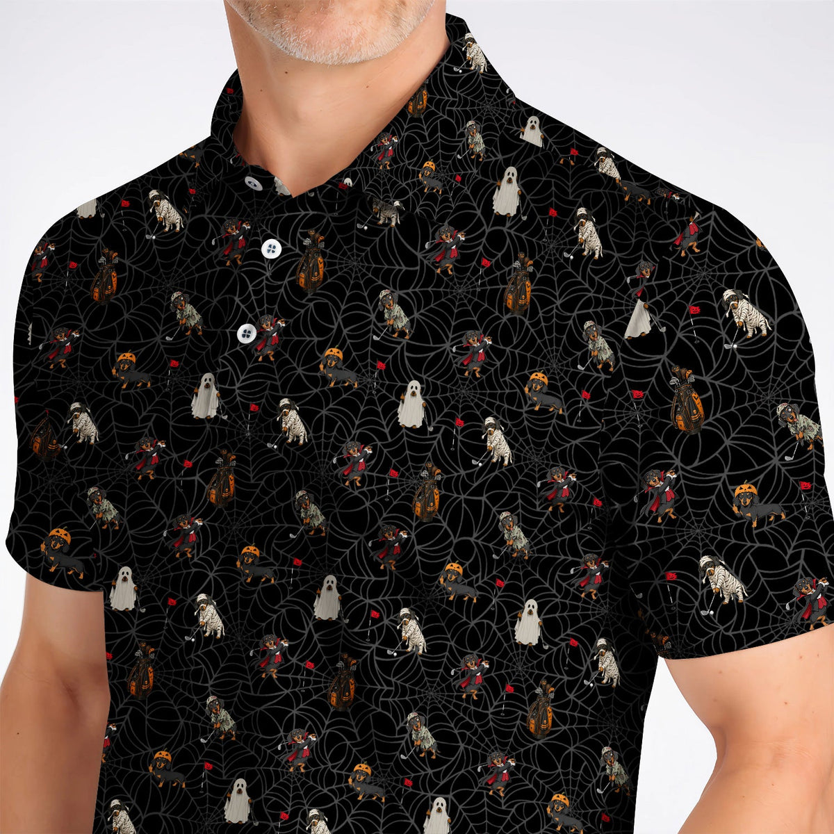 Spooky Dachshund Pattern Golf Polos, Halloween Vampire Wiener Dog Shirt, Crazy Golf Gift For Golfer
