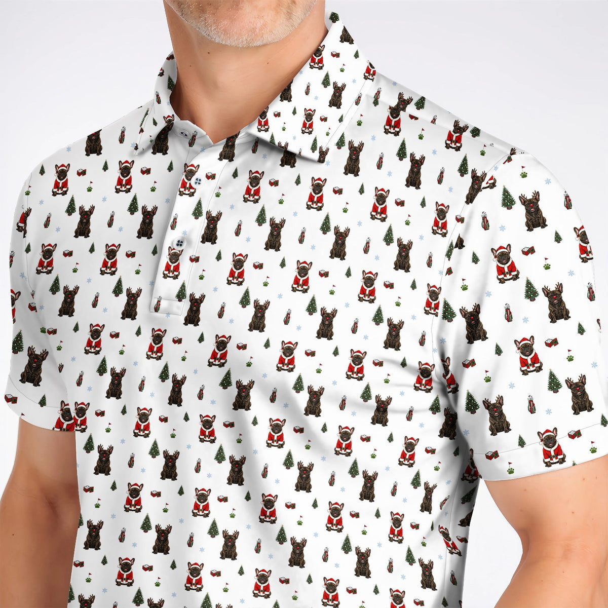 Reindeer French Bulldog Christmas Golf Polos, Festive Dog Holiday Pattern Golf Shirt, Xmas Golf Gift for Golfers