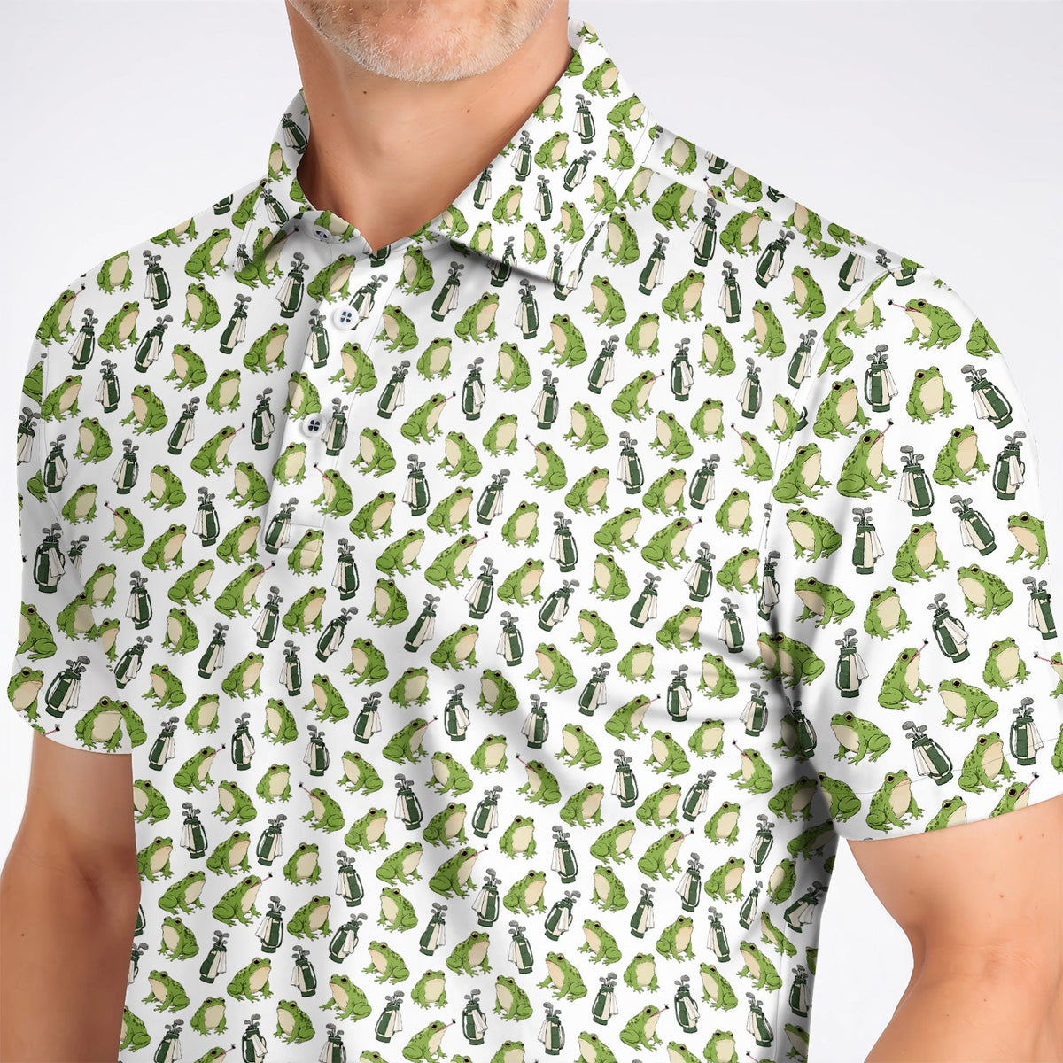 Cute Frog Golf Polos, Playful Frog & Golf Bag Pattern Shirt, Funny Golf Gift For Frog Lovers