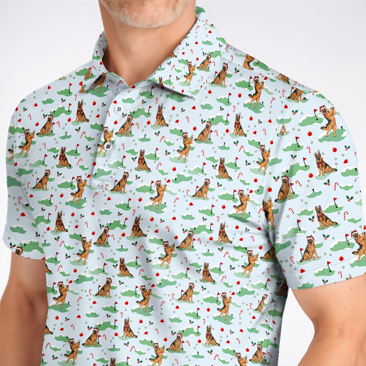 Funny German Shepherd Christmas Golf Shirt, German Shepherd Pattern Golf Polos, Xmas Golf Gift for Golfers