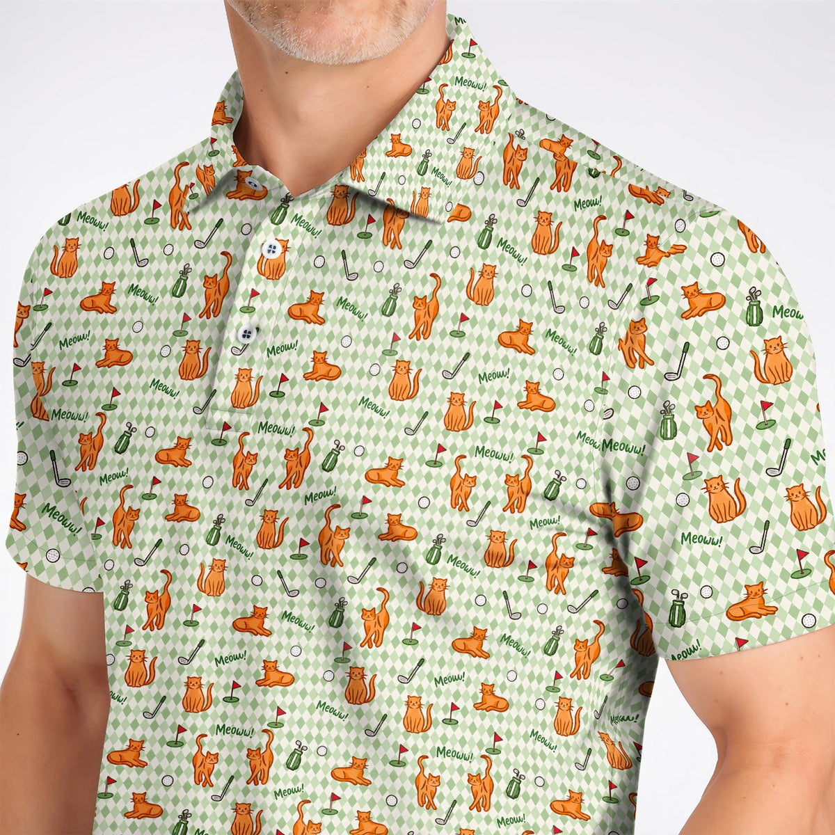 Cute Orange Cat Golf Shirt, Meow Cat And Golf Pattern Polos, Funny Cat Golf Gift For Golfer