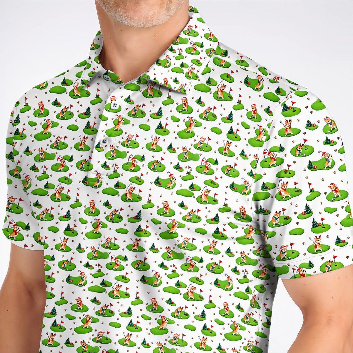Corgi Christmas Golf Polos, Xmas Corgi Pattern Golf Shirt, Crazy Golf Gift For Golfers