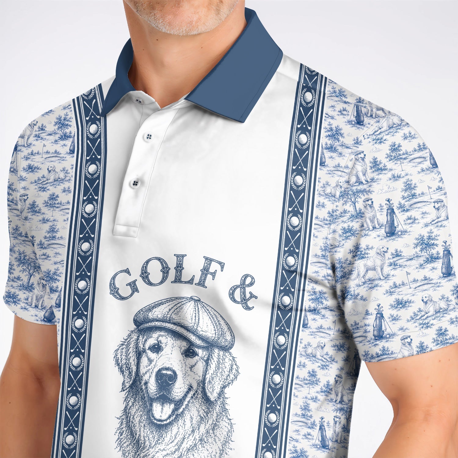 Golden Retriever Golf Shirt, Toile De Jouy Golden Pattern Golf Polos, Crazy Golf Gift For Golfer