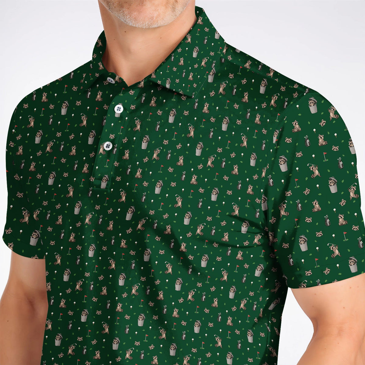 Raccoon Golf Polos, Playful Raccoon Golf Pattern Shirt, Funny Animal Golf Gift for Golfer