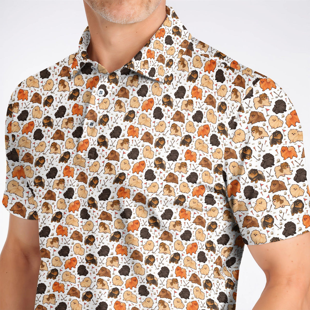 Funny Pomeranian Golf Polos, Pom Dog & Golf Pattern Shirt, Golf Gift For Golfer